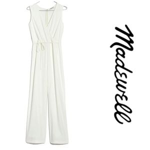 MADEWELL Tie Waist Wide Leg Sleeveless Faux Wrap Crepe Fabric White Jumpsuit 6